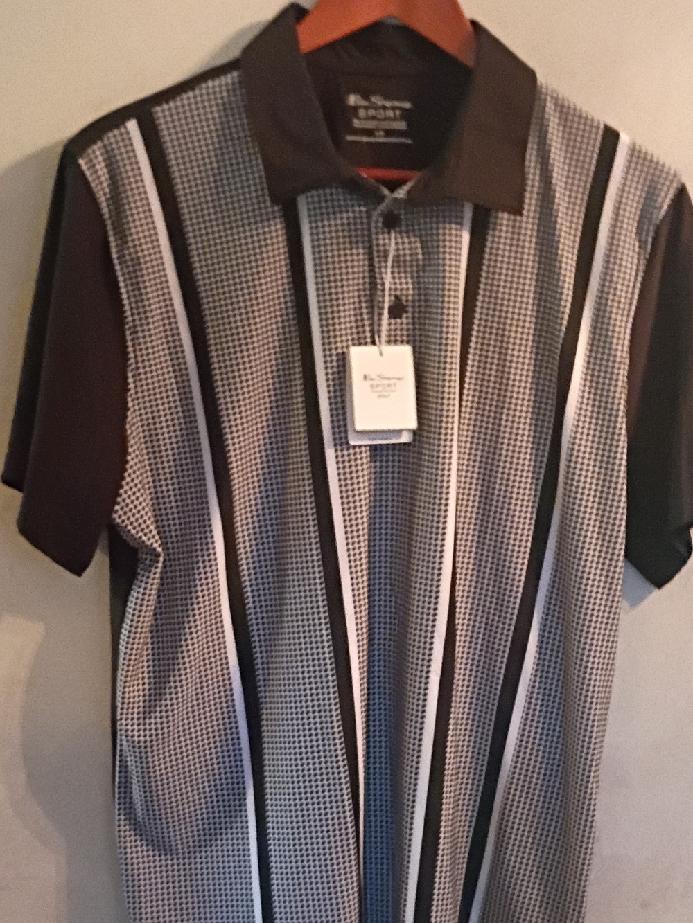 Eddie Bauer Men’s Black and White Vertical Stripe Polo